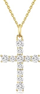 S.Leaf Cubic Zirconia Cross Pendant Necklace with Cable Chain, Gold-Plated Sterling Silver, Elegant Design for Women/Girls