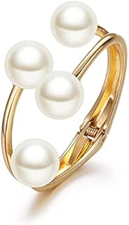 Lobster Claw Clasp Amber Cuff Bracelet with Cable Chain for Women and Girls - Classy Pearl-Embellished Design