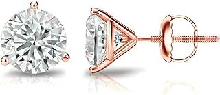 14k Rose Gold Round Lab Grown Diamond Stud Earrings with Screw Backs for Women, Elegant 3-Prong Martini Design