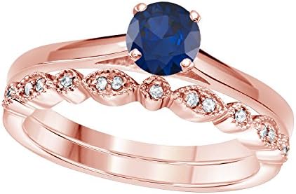 Bridal Set for Women 1.00 Ct Round Cut CZ Blue Sapphire & Cubic Zirconia 14k Rose Gold Plated .925 Sterling Silver Vintage Style Wedding Band Engagement Ring Size 5-11