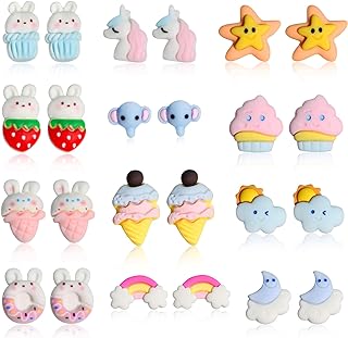 Spiritlele 12 Pairs Bunny Cartoon Magnetic Earrings Set Resin Clip on Non Piercing Fake Earrings for Women Girls
