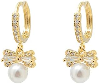 MIKAMU 14K Gold Plated Bow Hoop Earrings with Pearl and Cubic Zirconia for Women, Push Back, Ribbon Design
