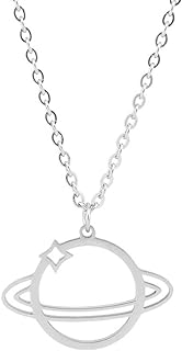 Dtja Silver Plated Planet Saturn Pendant Necklace for Women Girls Men Stainless Steel Moon Star Adjustable Long Chain Hypoallergenic Personalized Jewelry