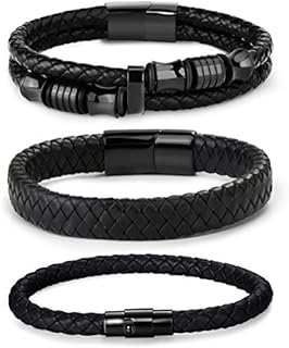 FIBO STEEL 3 PCS Stainless Steel Clasp Leather Bracelets for Men Wrap Braided Leather Bracelets Wrist Cuff Bangle 7.5-9.0 Inch