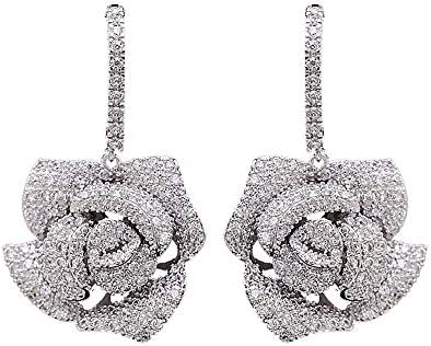 Pave Drop Earrings with Cluster Back and Cubic Zirconia for Women and Girls - Dainty Crystal Flower Design