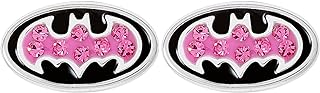 DC Comics Batman-Inspired Crystal Stud Earrings, Sterling Silver with Push Back, Oval Stud Design with Rose Crystals - for Women and Batman Fans