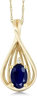 Women's 10K Yellow Gold Diamond & Blue Sapphire Pendant Necklace, Oval Teardrop Design with 18" Rope Chain-Elegant Gemstone Necklace - 0.55 Cttw