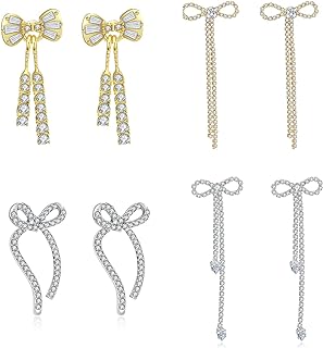 Gold Bow Earrings Set Golden Silver Ribbon Stud Earrings for Women Girls Christmas Gift 4 Pair