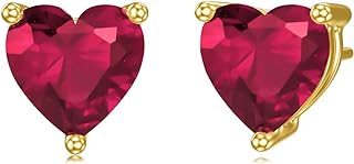 14K Yellow Gold Ruby Stud Earrings with Push Backs for Women, Heart Shaped Simulated Ruby, crafted from Cubic Zirconia by MRENITE