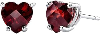 Peora Solid 14K White Gold Garnet Heart Stud Earrings for Women, Genuine Gemstone Birthstone Solitaire Studs, 6mm, 1.75 Carats total, Friction Back