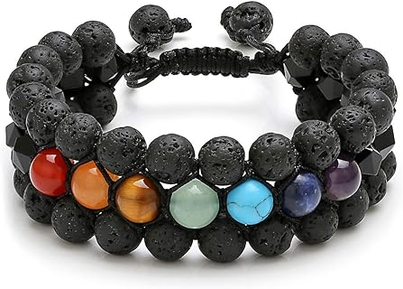 Adjustable Top Plaza 7 Chakra Mens Essential Oil Diffuser Bracelet in Lava Rock Stone and Rope Chain with Round Natural Gemstone Beads for Yoga, Anxiety Relief, and Balance - A Unique Gift