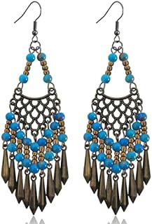 Handmade Vintage Bronze Bohemian Long Tassel Colorful Bead Dangle Drop Earrings Big Tribal Chandelier Geometry Hook Earrings for Women Girls Statement Jewelry Gifts
