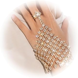 Rhinestone & Crystal Mesh Chain Bangle Bracelet with Tassel Water Drop Design for Women - Ideal for Weddings or Parties - Crystal-Gold