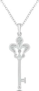 925 Sterling Silver Diamond Fleur de Lis Key Necklace for Women,Vintage Style Skeleton Key Pendant with Round Diamond Accent and Necklace in Yellow Gold Plated, Rose Gold Plated or Sterling Silver,18"