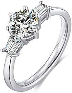 TwoBirch Platinum Plated 925 Sterling Silver 1 CT Round Moissanite Engagement Ring with Cubic Zirconia Baguette Side Stones (Sizes 5 to 9)