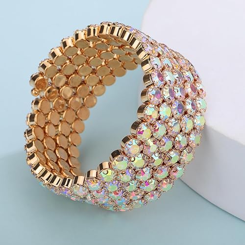 Xerling Colorful Iridescent Rhinestone Crystal Bracelets for Women Multi-row Silver Bangles Wrap Stretch Bridal Girls Hand Jewelry for Wedding