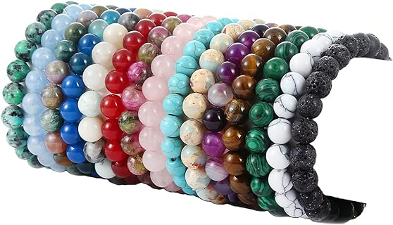 15 Pcs 8mm Healing Stone Beaded Bracelets for Women Men Semi-Precious Gemstones Bracelets Crystal Beaded Bracelet Unisex Adjustable Stretch Bracelets