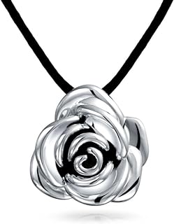 Large Statement 3D Garden Flower Black Rose Bracelet Black Silk Cord Pendant Drop Stud Earrings For Women Girlfriend Oxidized .925 Sterling Silver