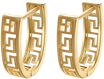 14K Gold Plated Greek Key Hoop Earrings with Hinged Hoop Backing for Women, Unique U-Shaped Design