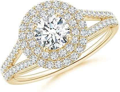 1.00Ctw Round Cut Created Diamond Double Halo Split Shank Engagement Ring in 14k Gold Plated Sterling Silver for Women