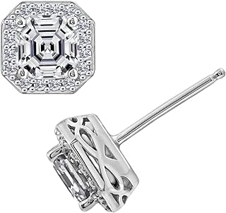 Amazon Collection Platinum Plated Sterling Silver Halo Earrings set with Asscher Cut Infinite Elements Cubic Zirconia (1 cttw)