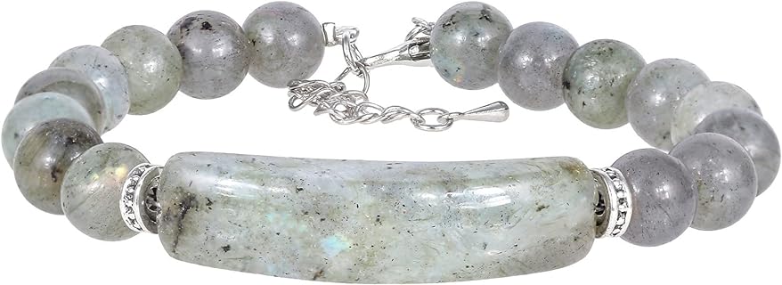 Nupuyai 8mm-9mm Round Crystal Stone Bracelet for Women Men, Adjustable Healing Quartz Beads Bracelet with Curved Crystal and 1.8" Extension Chain