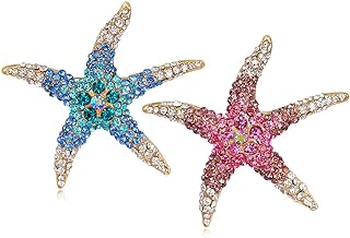2 Pcs Crystal Rhinestone Starfish Brooch Pin Marine Animal Brooch for Dress Hat Decorations Ornaments (Blue, Rose)
