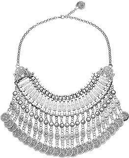 MJartoria Statement Necklace for Women, Boho Collar Choker Coin Tassel Ethnic Gypsy Chunky Necklace Antique Silver Color Bib Festival Halloween Carnival Jewelry Fitout Costume