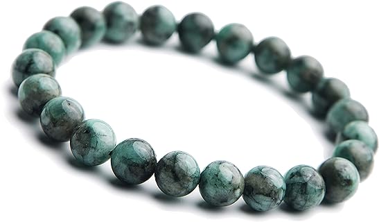 Natural Emerald Bead Chain Bracelet, 8mm Round Green Crystal-Stretch Design with No Metal Type or Clasp
