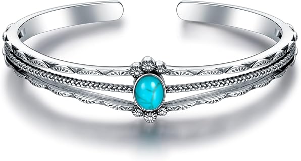 Genuine Turquoise Bracelet, Sterling Silver Boho Adjustable Bangle Cuff Native American Vintage Jewelry for Women, Fit for 6.5 7 7.5 Inches