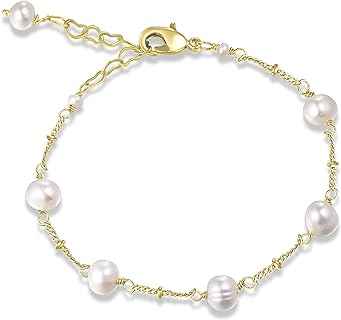 Cowlyn Pearl Bracelet Baroque Cultured Link 14K Gold Plated Adjustable Love Extension Chain Valentine's Day Gift Retro Charm Jewelry for Women Girls
