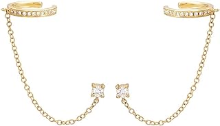 Cuff Small Hoop Halo CZ Stud Chain Climber Crawler Earrings for Women Teen Girls Cartilage Double Holes S925 Sterling Silver Hypoallergenic Fashion Personalized Threader Tiny Huggie Hoops Gifts Bff Birthday