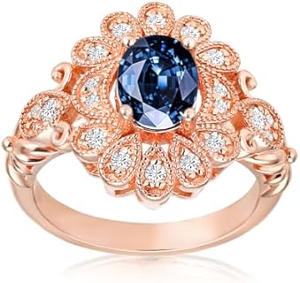 sapphire rings for women, Blue Moissanite Engagement Rings 1.5ct Oval Cut Lab Grown Diamond Halo Wedding Bands,S925 Sterling Silver with 18K Rose Gold Plated Promise Ring