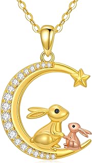 14K Yellow Gold Rabbit Pendant Necklace with Rolo Chain & Cubic Zirconia for Women - Moon Design - Perfect Gift for Mom, Grandma, Wife
