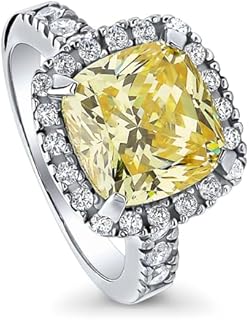 BERRICLE Sterling Silver Halo Wedding Engagement Rings Canary Yellow Cushion Cut Cubic Zirconia CZ Statement Cocktail Ring for Women, Rhodium Plated Size 4-10