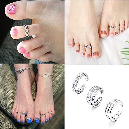 3Pcs 925 Sterling Silver Toe Rings for Women 18K White Gold Plated Daisy Cubic Zirconia Cuff Band Open Toe Rings Adjustable Toe Rings Summer Beach Foot Jewelry