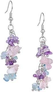 Rose Quartz, Amethyst & Aquamarine Dangle Earrings with French Wire Back Finding for Women - Unique Crystal Chip Stone Design