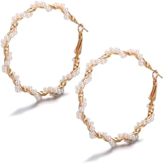 Lever-Back Pearl Hoop Earrings, 14K Gold-Plated Zinc, No Gemstone, Women's Extra-Large Twisted Jewelry Gift