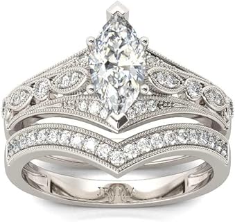 Jeulia 2 Pieces Ladies Rings Set Sterling Silver Milgrain Marquise Cut Rings Jewelry for Bridal Wedding Band Engagement Anniversary Ring