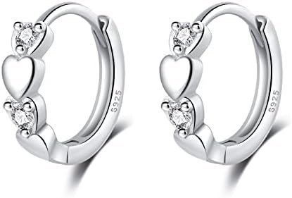 Reffeer Solid 925 Sterling Silver Cubic Zirconia Earrings Tiny Double Love Heart Hoop Earrings for Women Teens Sleeper Huggie Studs Earrings