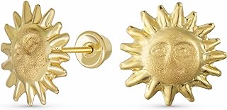 Summer Vacation Solar Sun Beach Fun Celestial Sunburst Sun Stud Earrings Screw Back For Women Teens Genuine Yellow 10K Gold