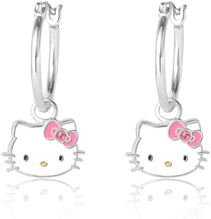 Hello Kitty Earrings Official Sanrio License, Silver Flash Plated Hoop Earrings with Enamel Hello Kitty Charm, Hello Kitty Accessories