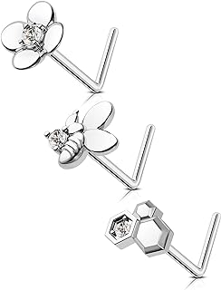 3-Piece Set Minimalist Bee & Flower Nose Ring with Cubic Zirconia in 20G Yellow Gold Stainless Steel for Daily Wear