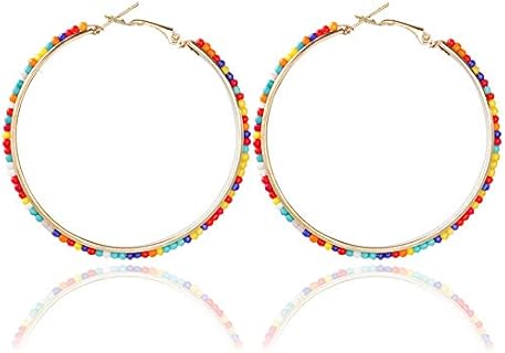50mm Bohemian Colorful Beaded Hoop Earrings for Women - Rainbow Beads Circle Hoop Earrings Jewelry