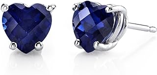 Peora Solid 14K White Gold Created Blue Sapphire Heart Stud Earrings for Women, Classic Solitaire Studs, 6mm, 2.30 Carats total, Friction Back