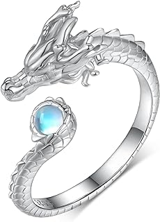 925 Sterling Silver Dragon Belly Ring with Moonstone for Women and Girls, Adjustable Chinese Dragon Design
