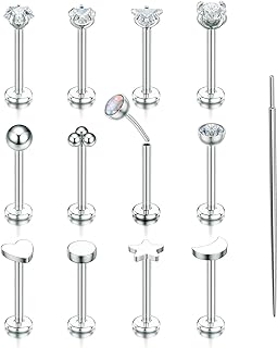 Unisex 12-Piece Cubic Zirconia-Embellished Flat Back Nose Ring Set in Hypoallergenic Surgical Stainless Steel by TOPBRIGHT