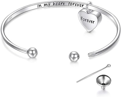 FLYOW Easter Gifts Women Urn Bracelet for Ashes for Girls Sterling Silver Cremation Jewelry Memorial Ashes Keepsake Urn Bangle with Heart Drop Pendant Engraved in My Heart Forever