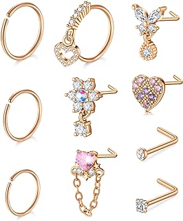 18G Stainless Steel Nose Rings & Hoop Piercing Kit with CZ Heart Moon Designs for Women by Anicina