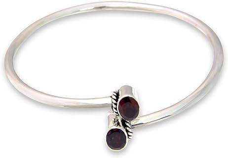 NOVICA Handmade .925 Sterling Silver Garnet Bangle Bracelet Balinese Red Indonesia Marsala Birthstone [7.5 in Inner Circ. x 0.2 in W] 'Bound to You'